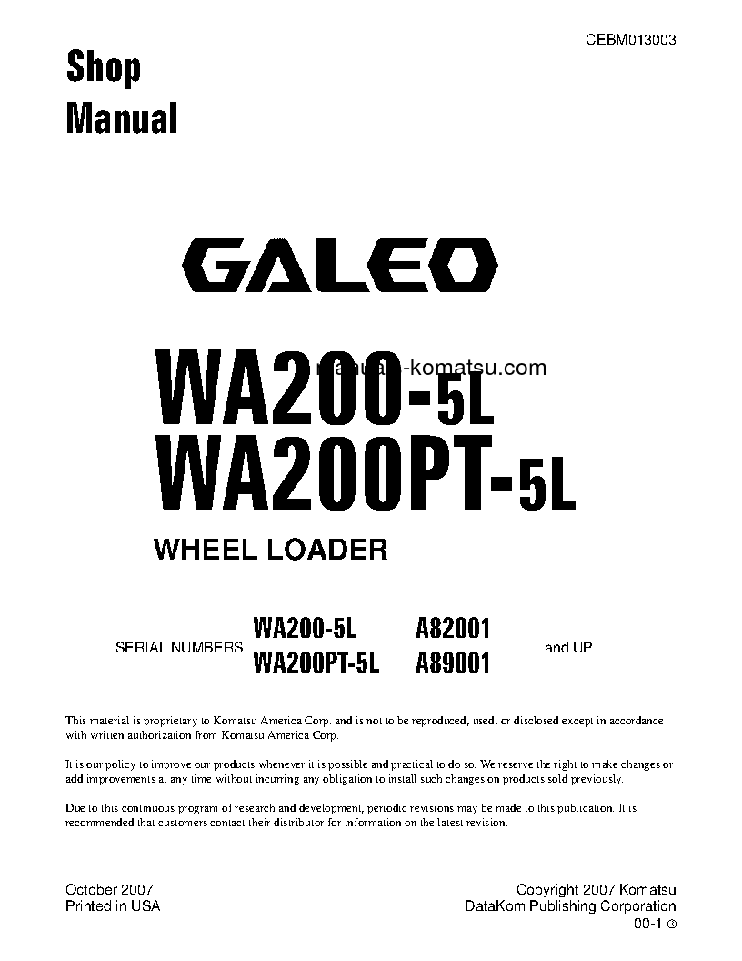 WA200-5(USA)-L S/N A82001-UP Shop (repair) manual (English)