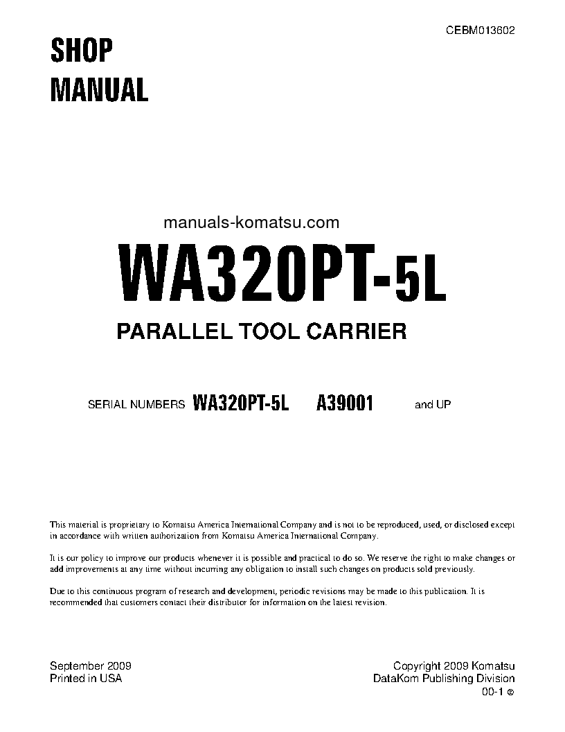 WA320PT-5(USA)-L S/N A39001-UP Shop (repair) manual (English)