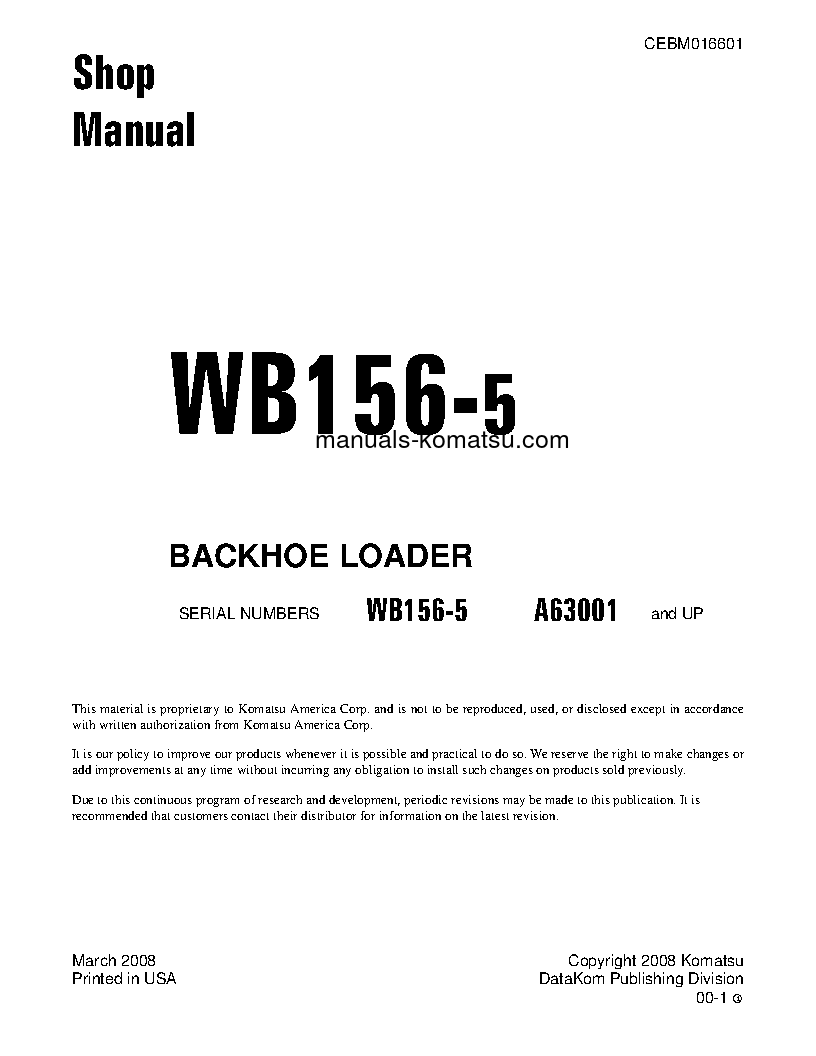 WB156-5(USA) S/N A63001-UP Shop (repair) manual (English)