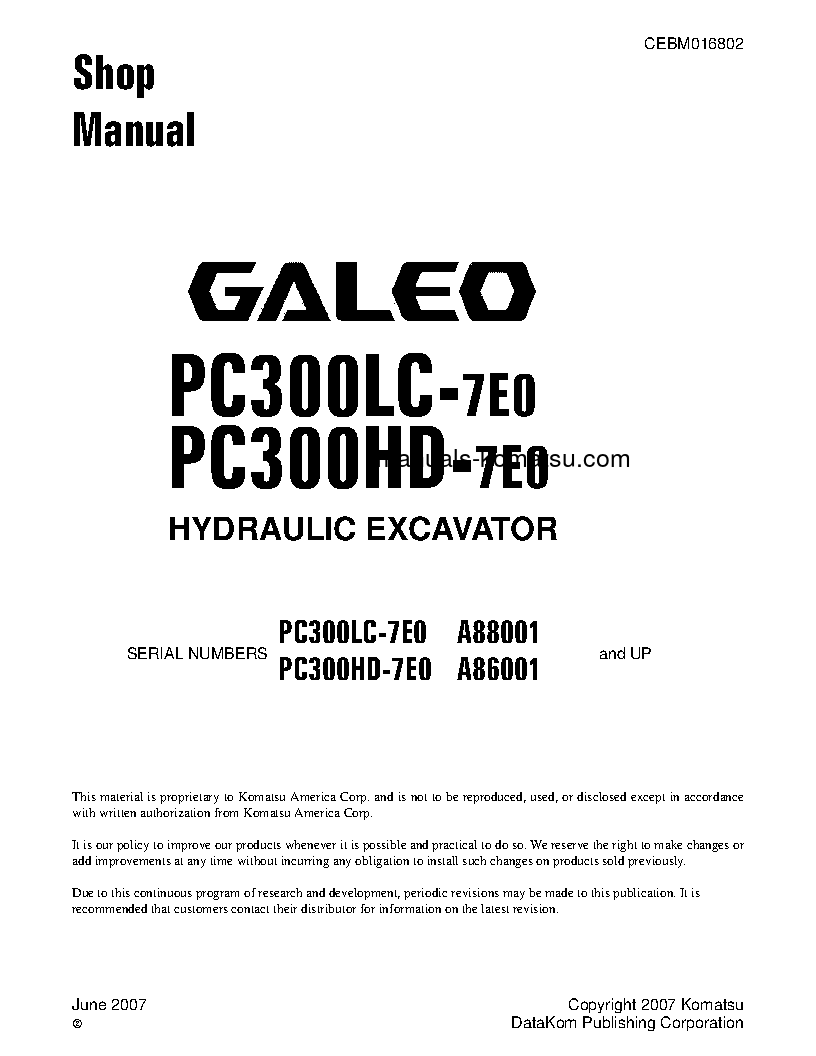 PC300HD-7(USA)-TIER 3 S/N A86001-UP Shop (repair) manual (English)