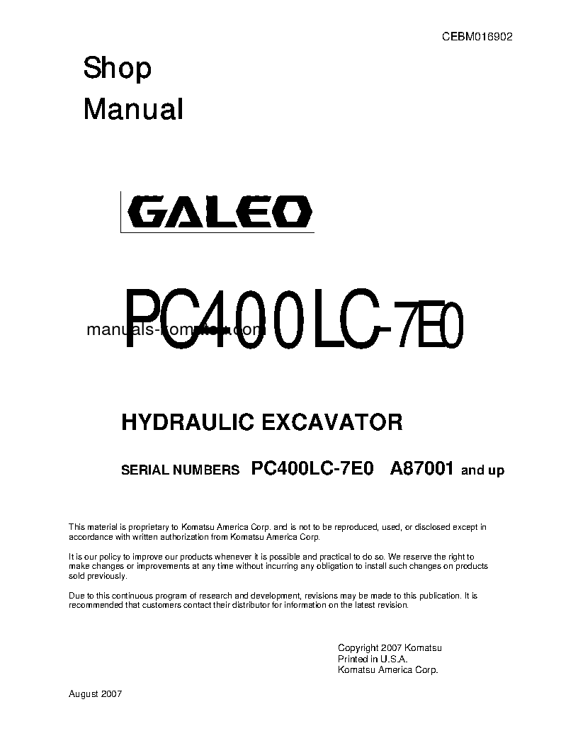 PC400LC-7(USA)-TIER 3 S/N A87001-UP Shop (repair) manual (English)
