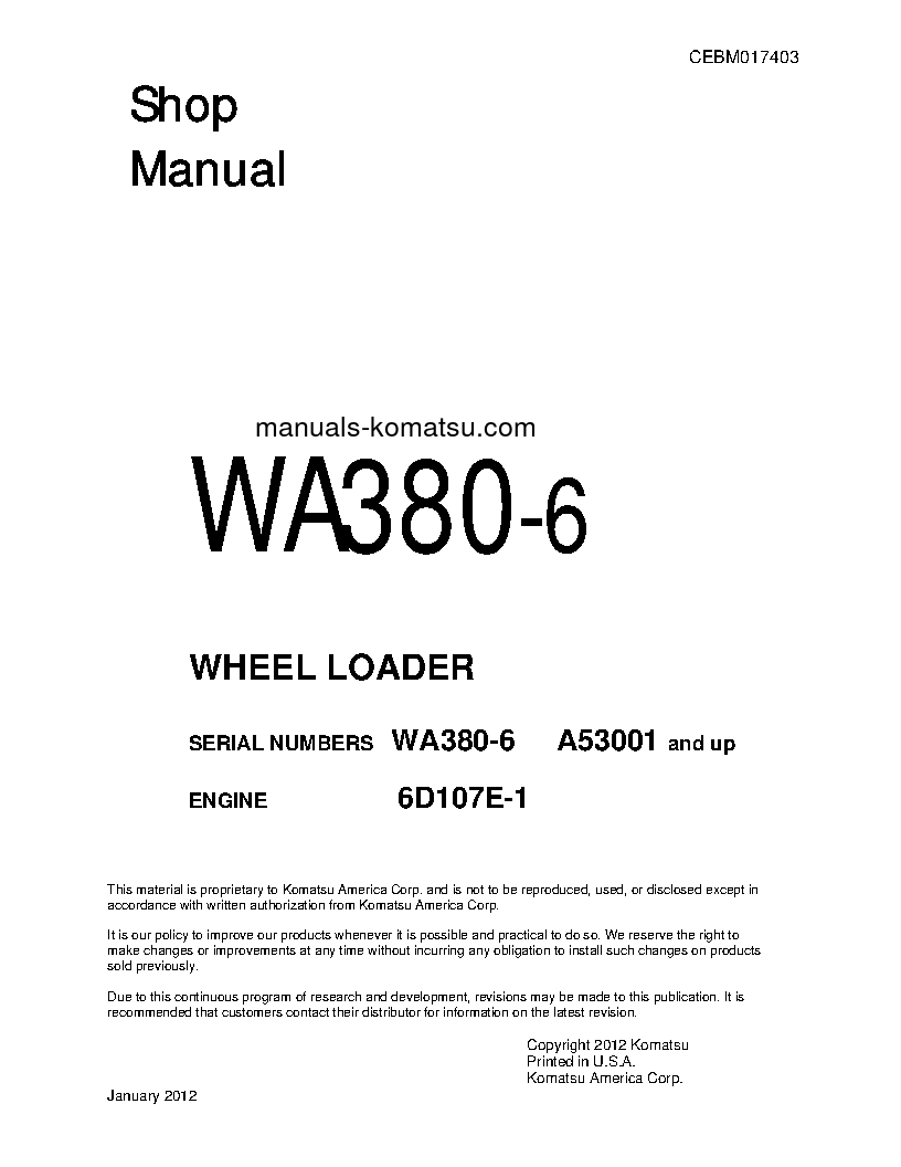 WA380-6(USA) S/N A53001-A54000 Shop (repair) manual (English)