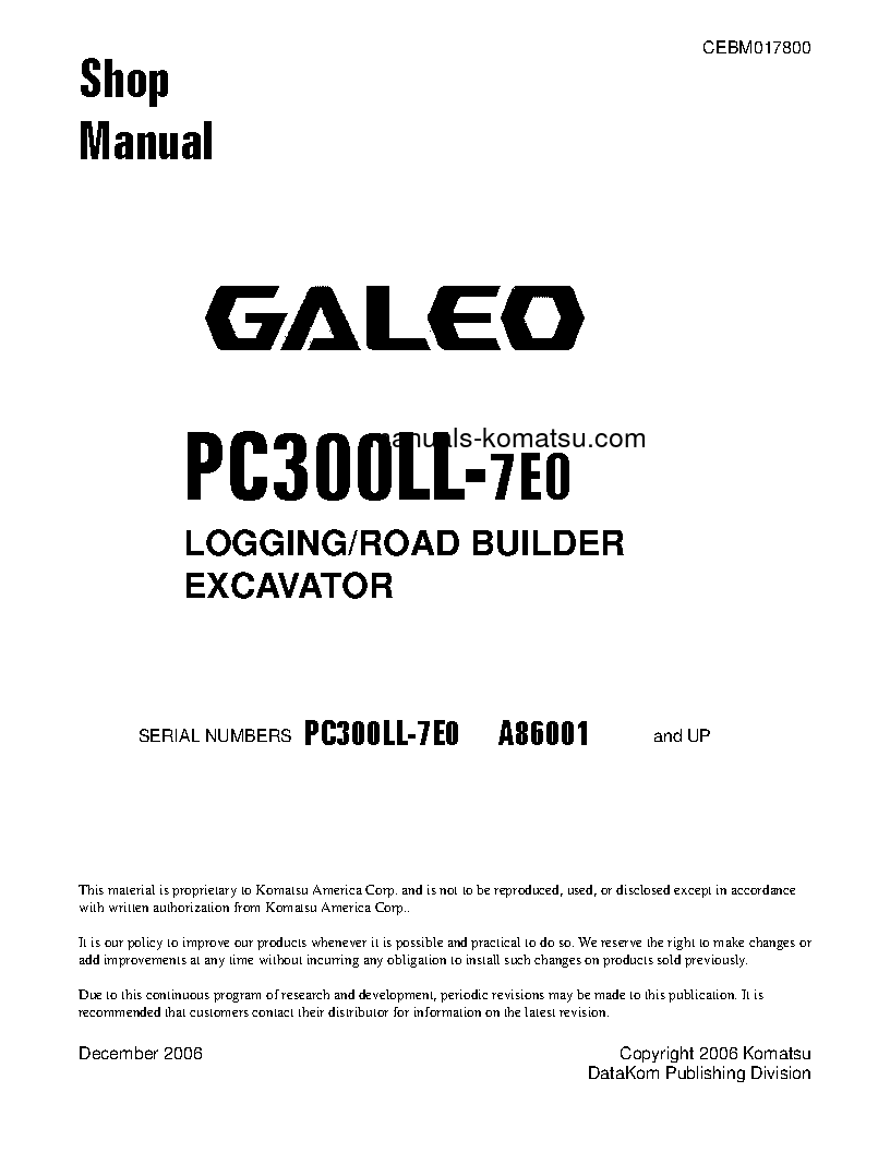 PC300LL-7(USA)-TIER 3 S/N A86001-UP Shop (repair) manual (English)