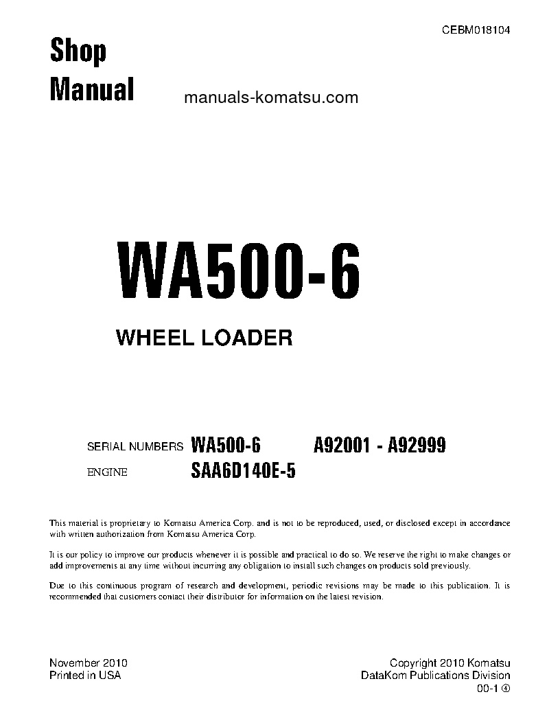 WA500-6(USA) S/N A92001-UP Shop (repair) manual (English)