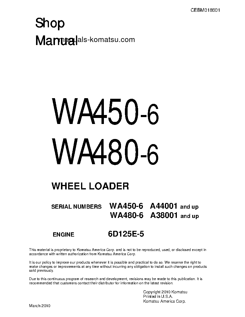 WA480-6(USA) S/N A38001-UP Shop (repair) manual (English)
