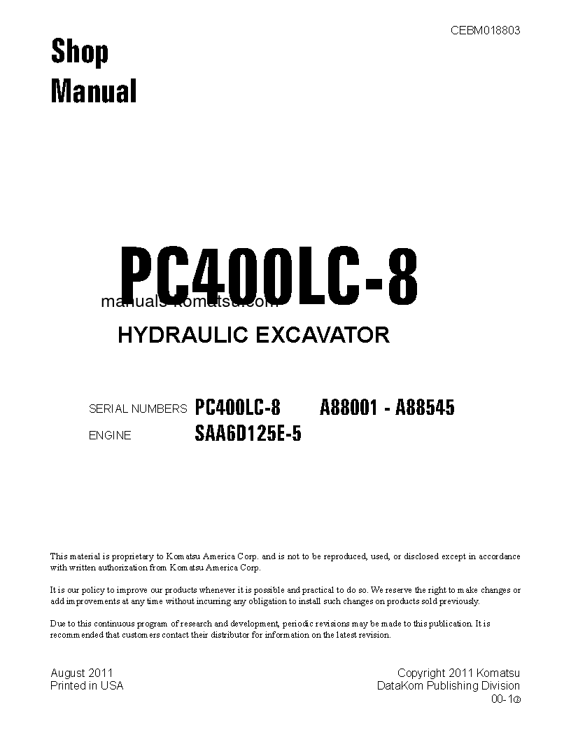 PC400LC-8(USA) S/N A88001-A88545 Shop (repair) manual (English)