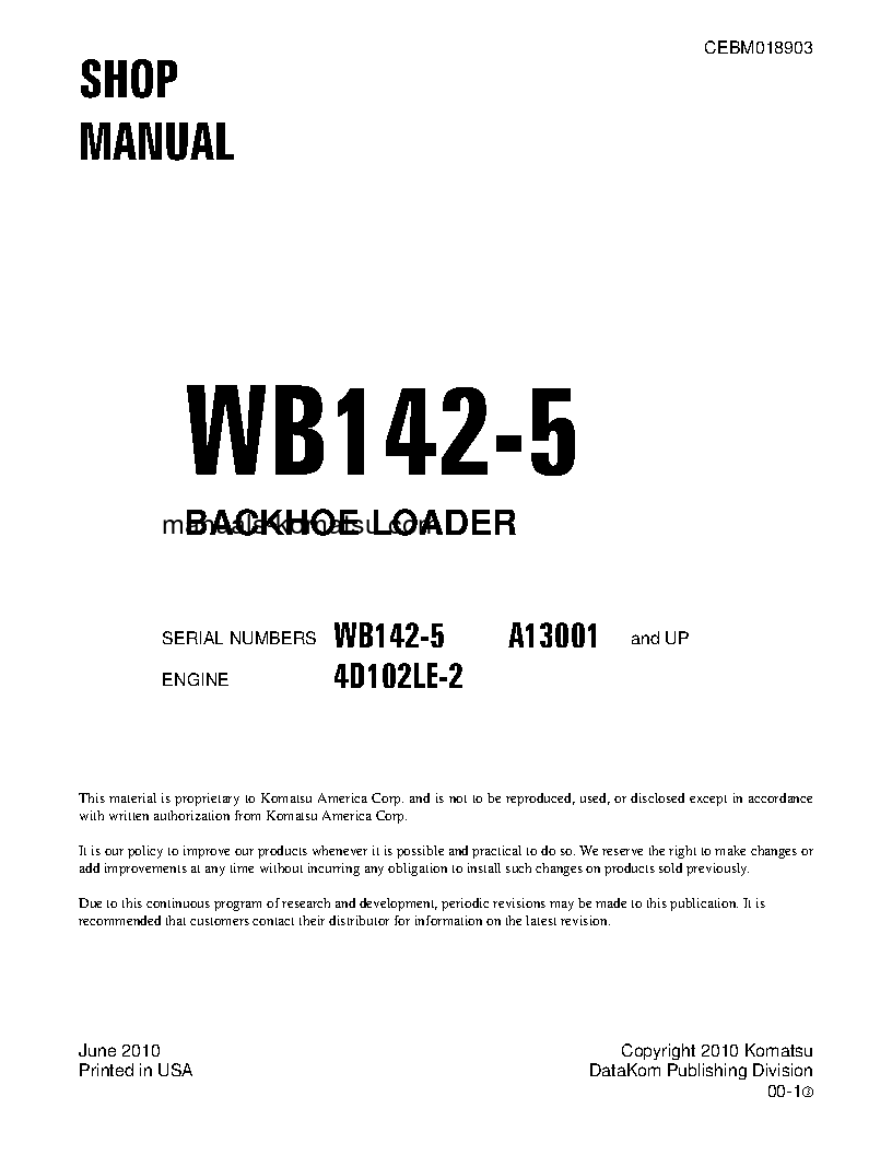 WB142-5(USA) S/N A13001-UP Shop (repair) manual (English)