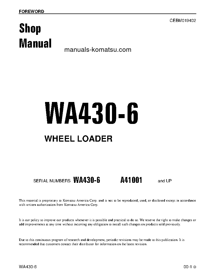 WA430-6(USA) S/N A41001-A41999 Shop (repair) manual (English)