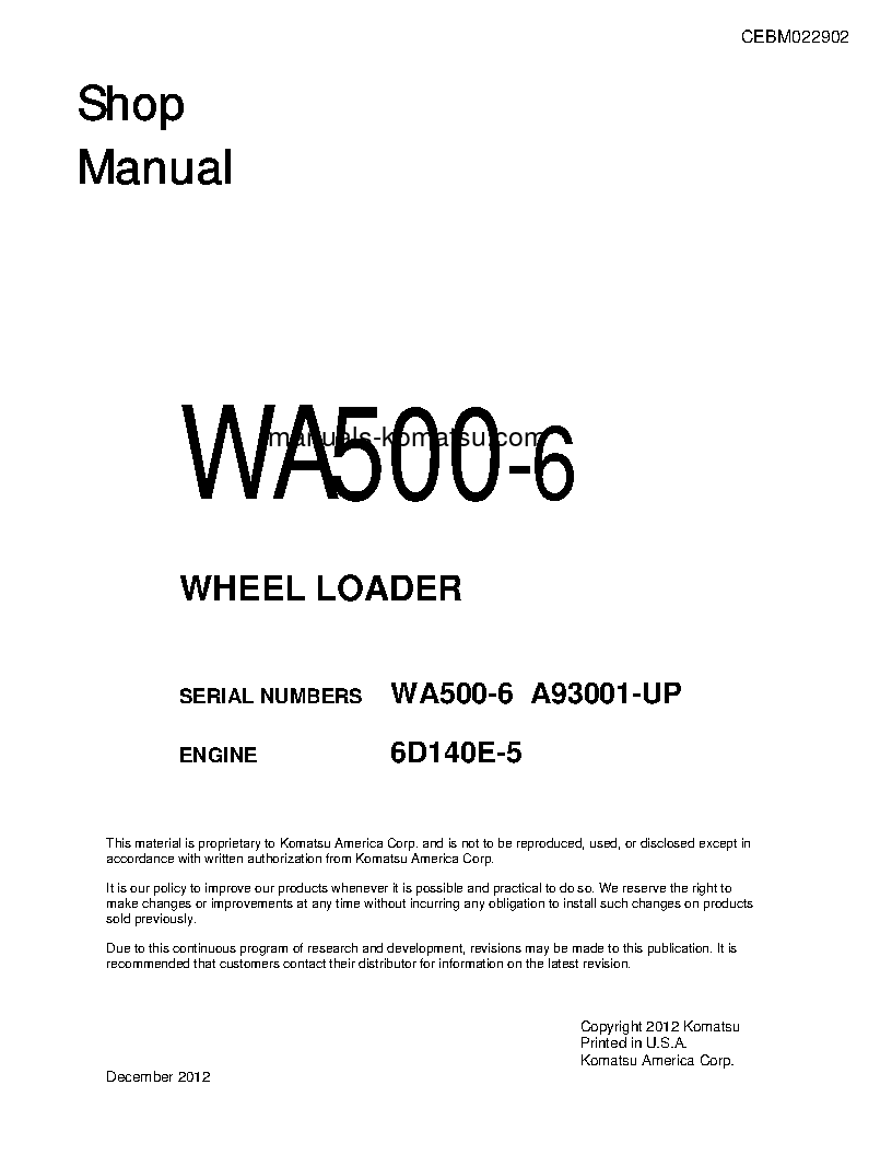 WA500-6(USA) S/N A93001-UP Shop (repair) manual (English)