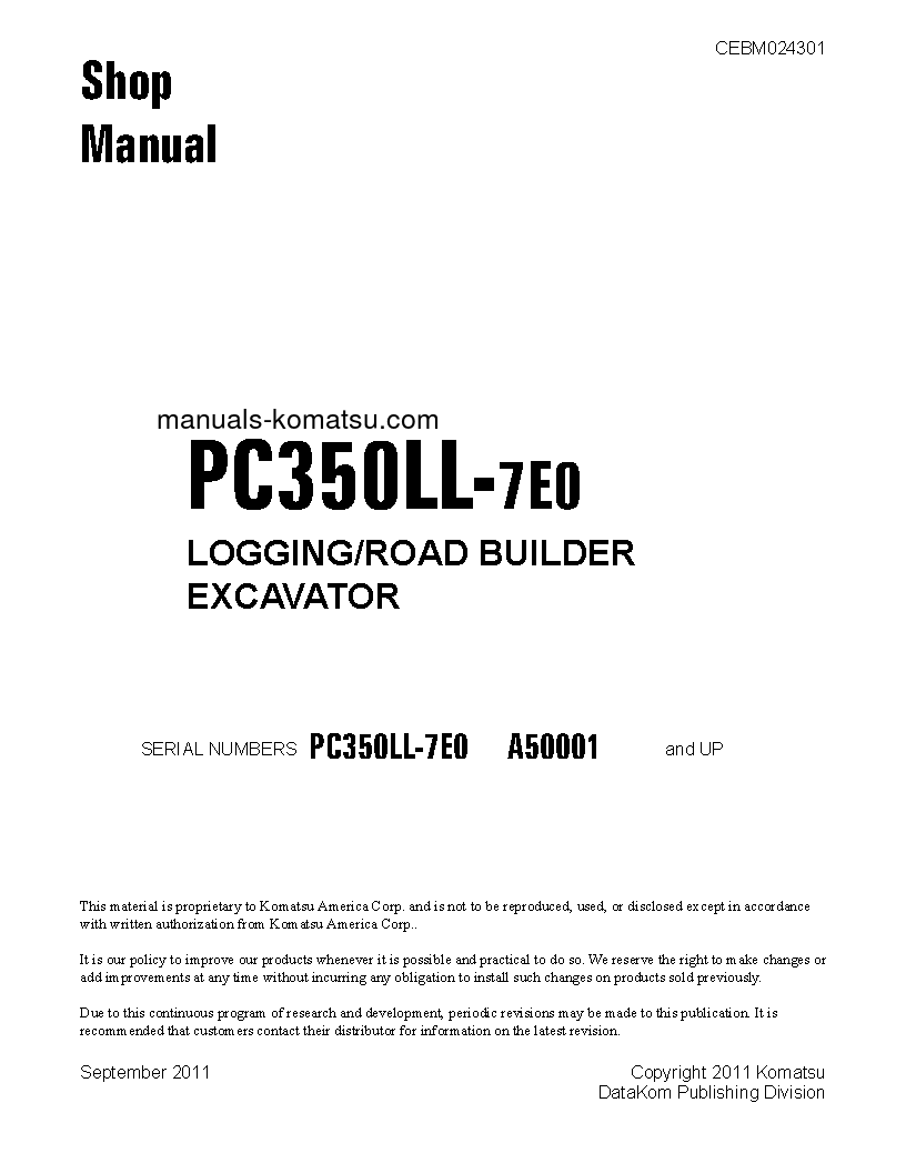 PC350LL-7(USA)-TIER 3 S/N A50001-UP Shop (repair) manual (English)