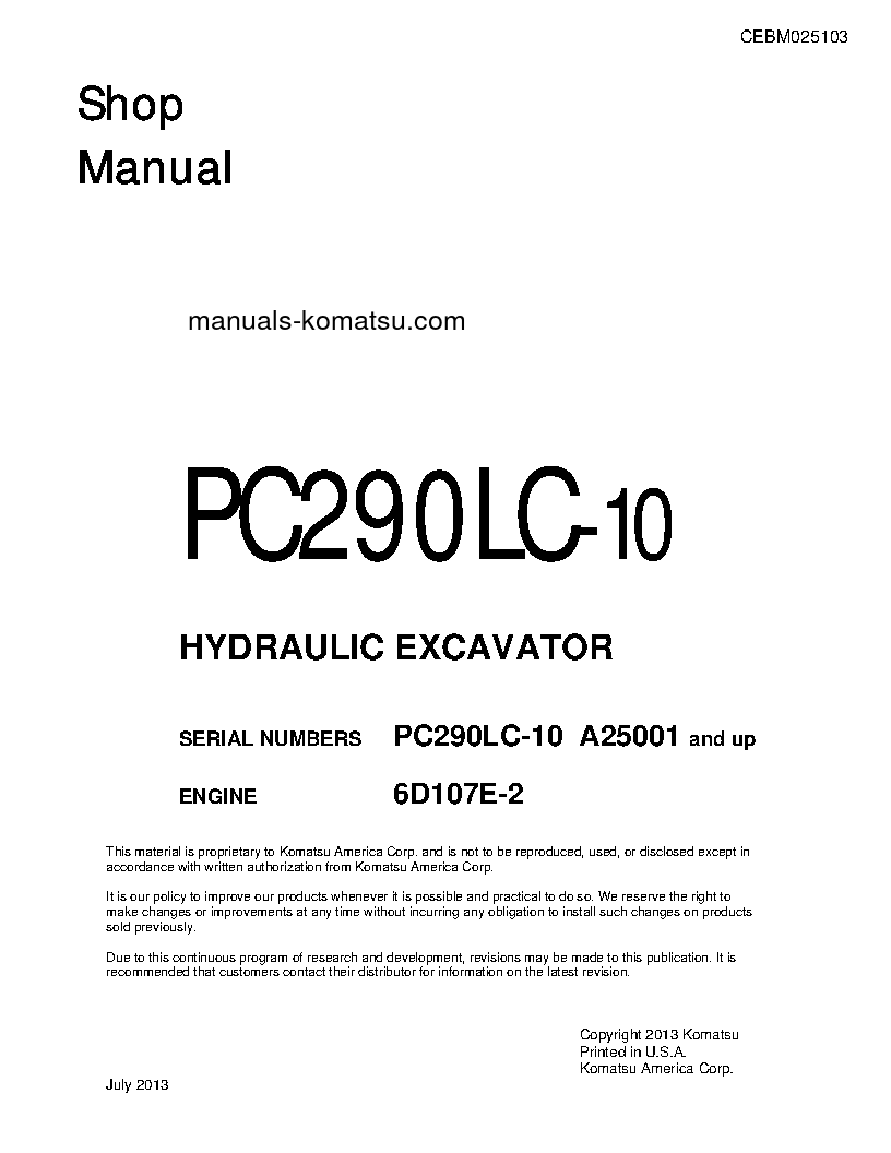 PC290LC-10(USA) S/N A25001-UP Shop (repair) manual (English)