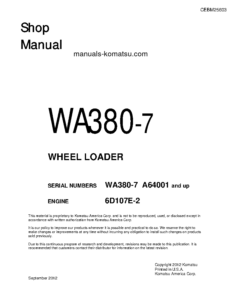 WA380-7(USA) S/N A64001-UP Shop (repair) manual (English)