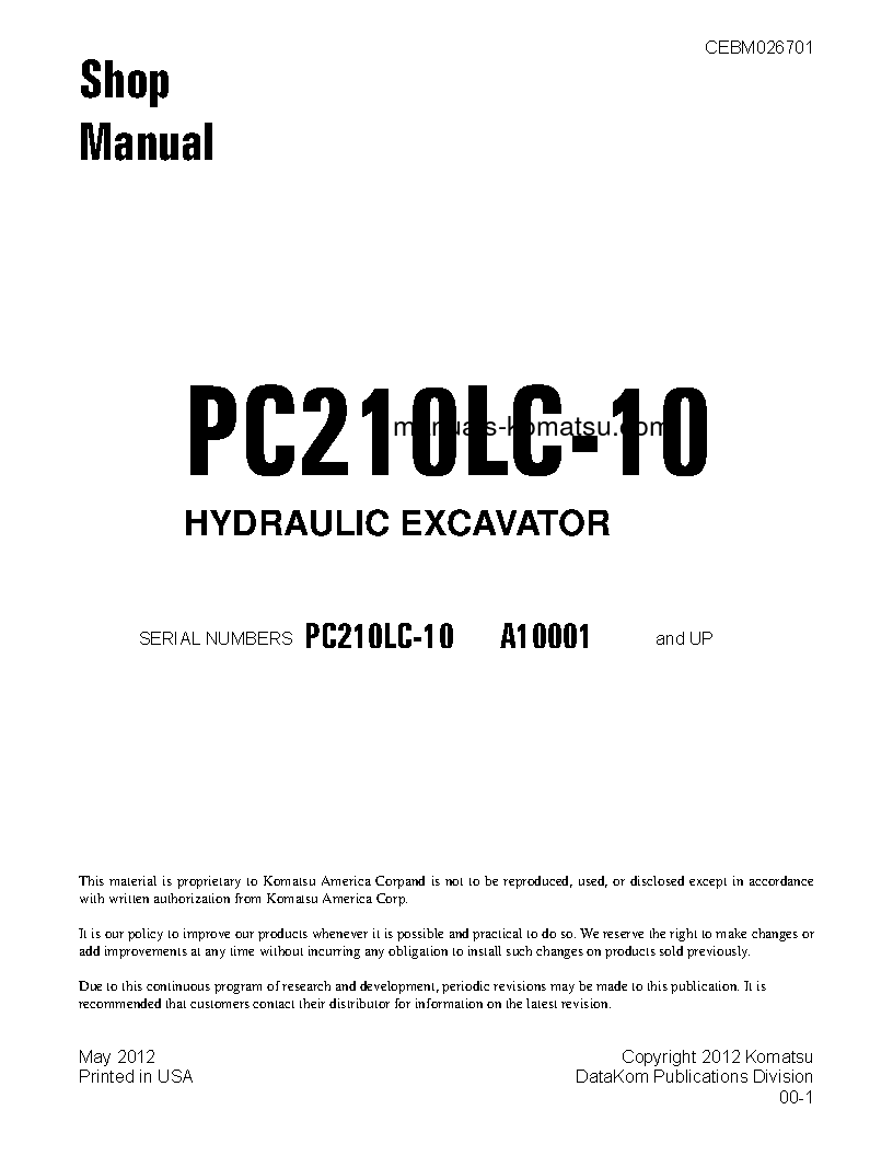 PC210LC-10(USA) S/N A10001-UP Shop (repair) manual (English)