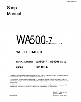 WA500-7(USA) S/N A94001-UP Shop (repair) manual (English)