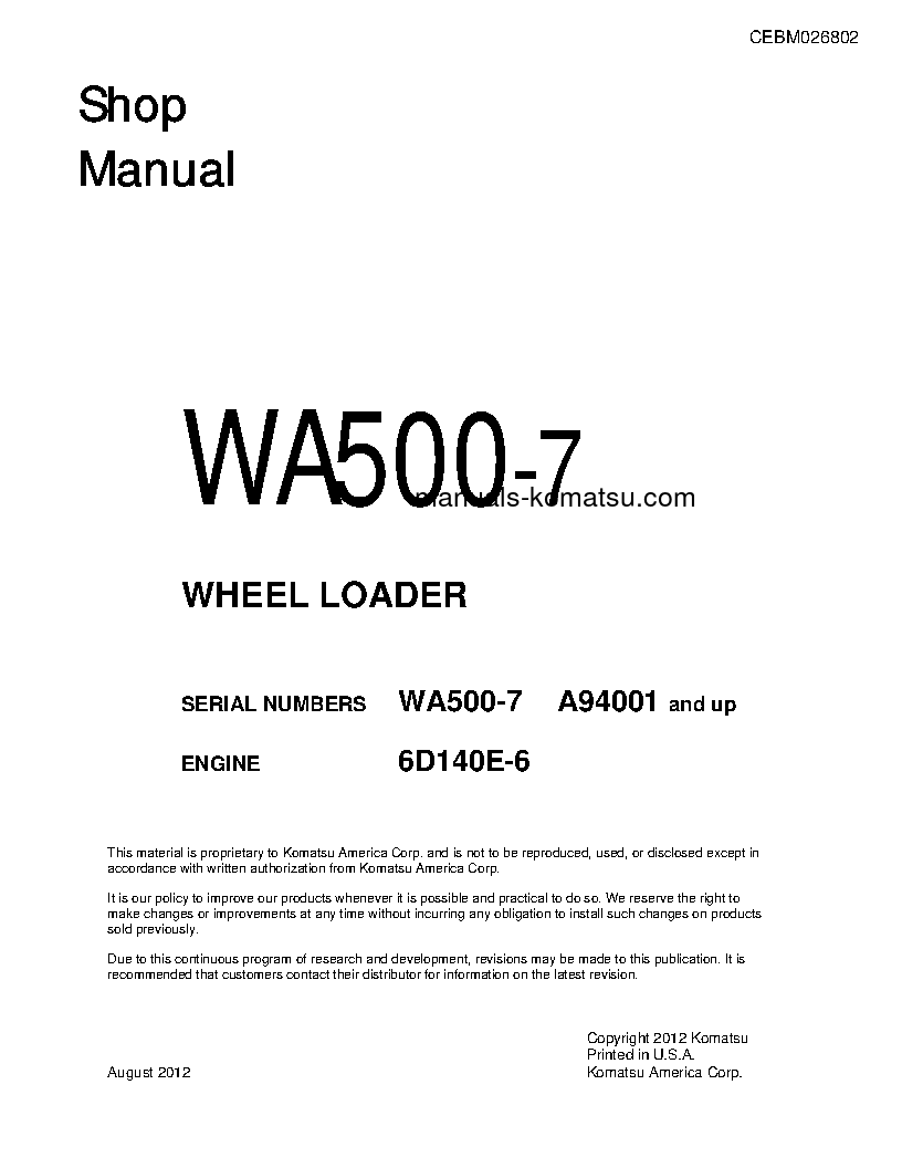 WA500-7(USA) S/N A94001-UP Shop (repair) manual (English)
