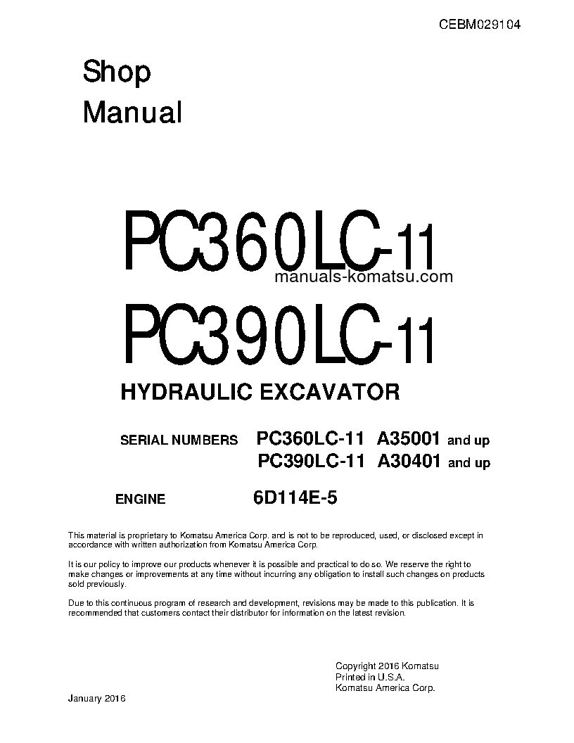 PC390LC-11(USA) S/N A30401-UP Shop (repair) manual (English)