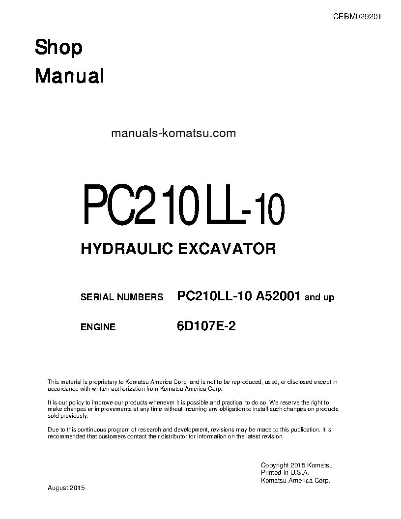 PC210LL-10(USA) S/N A52001-UP Shop (repair) manual (English)