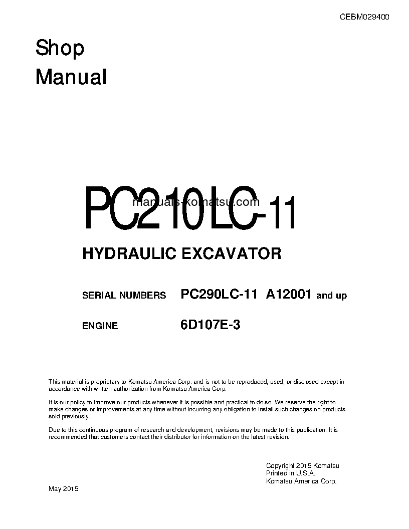 PC210LC-11(USA) S/N A12001-UP Shop (repair) manual (English)