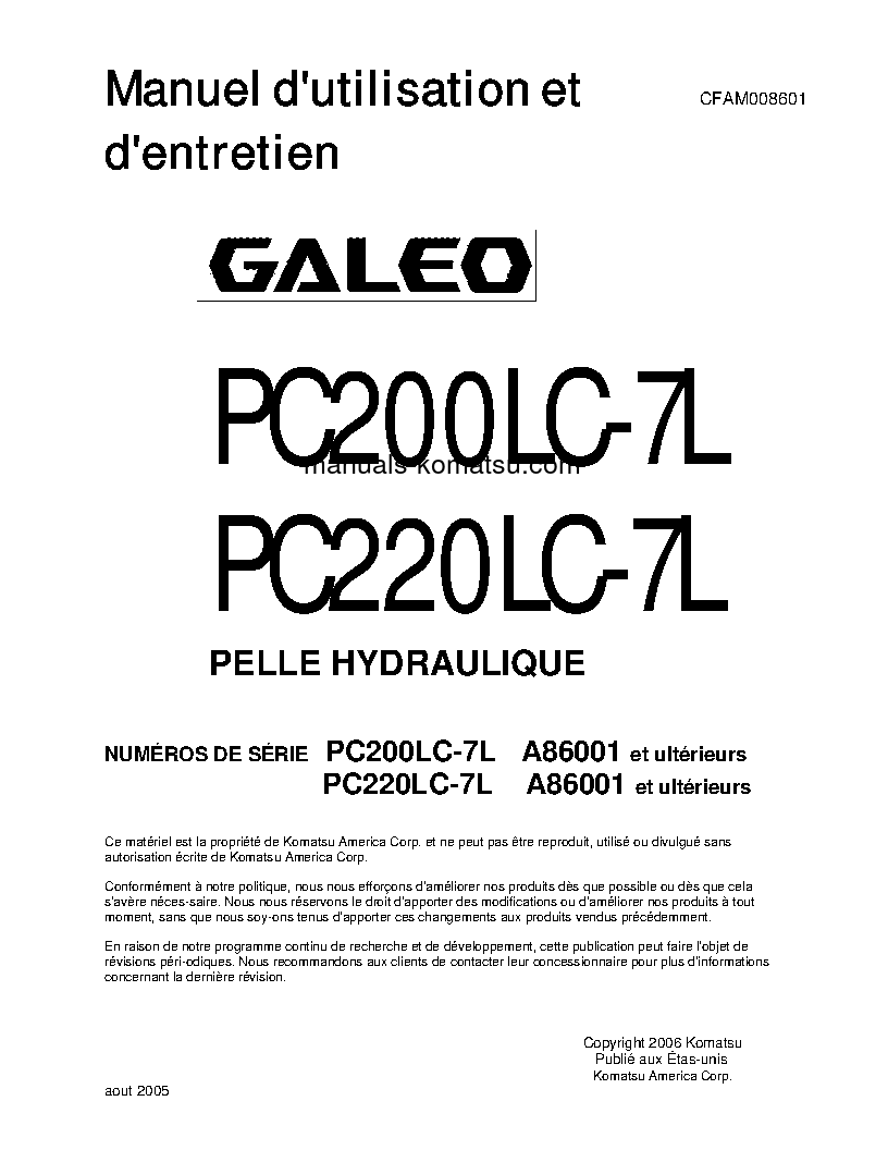 PC220LC-7(USA)-L S/N A86001-UP Operation manual (French)