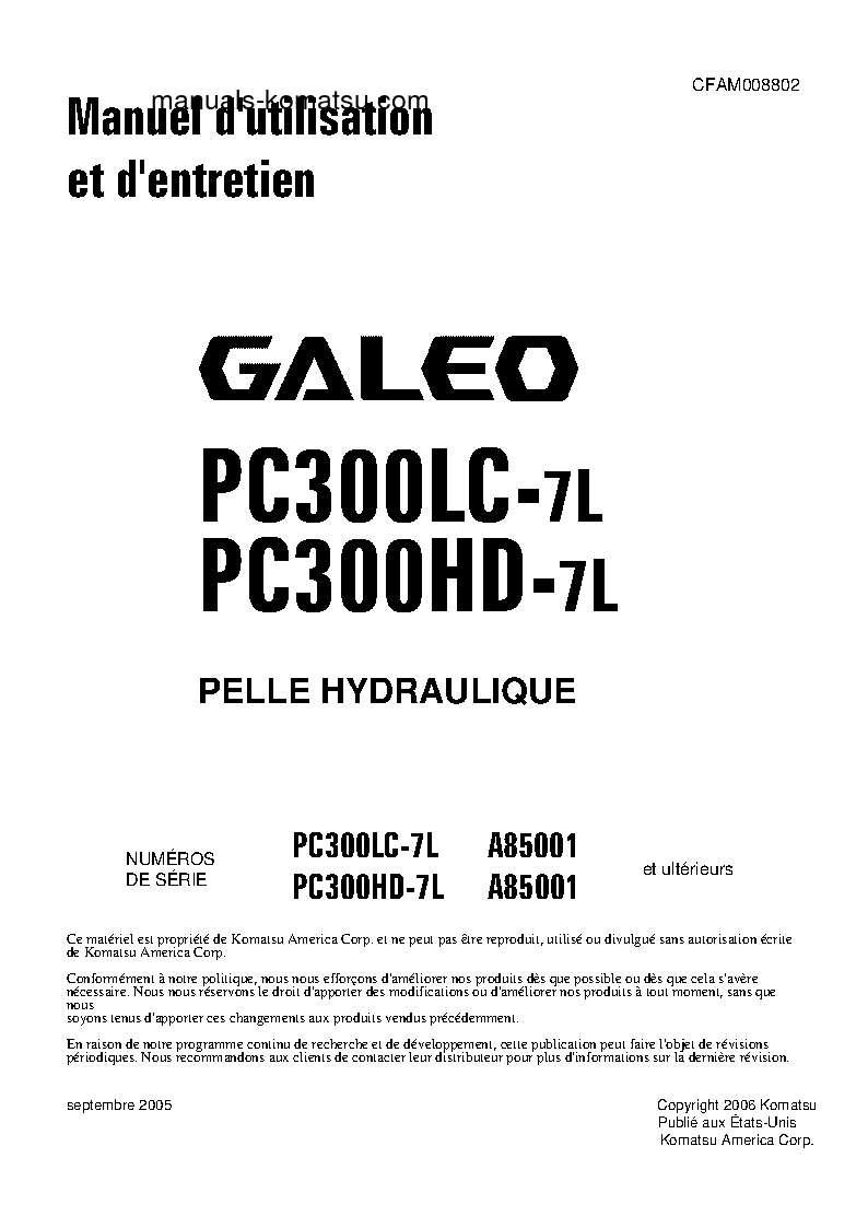 PC300HD-7(USA)-L S/N A85001-UP Operation manual (French)