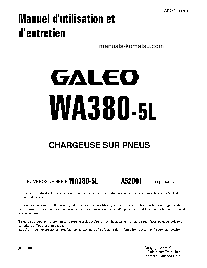 WA380-5(USA)-L S/N A52001-UP Operation manual (French)