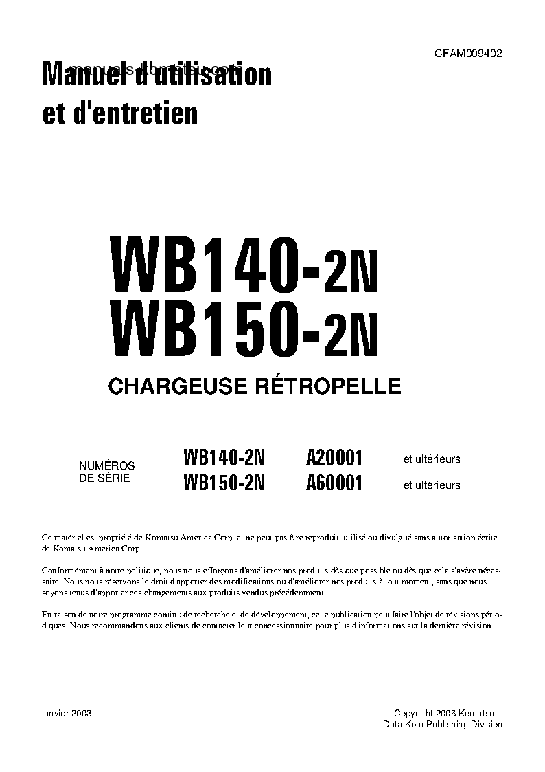 WB150-2(USA)-N S/N A60001-UP Operation manual (French)