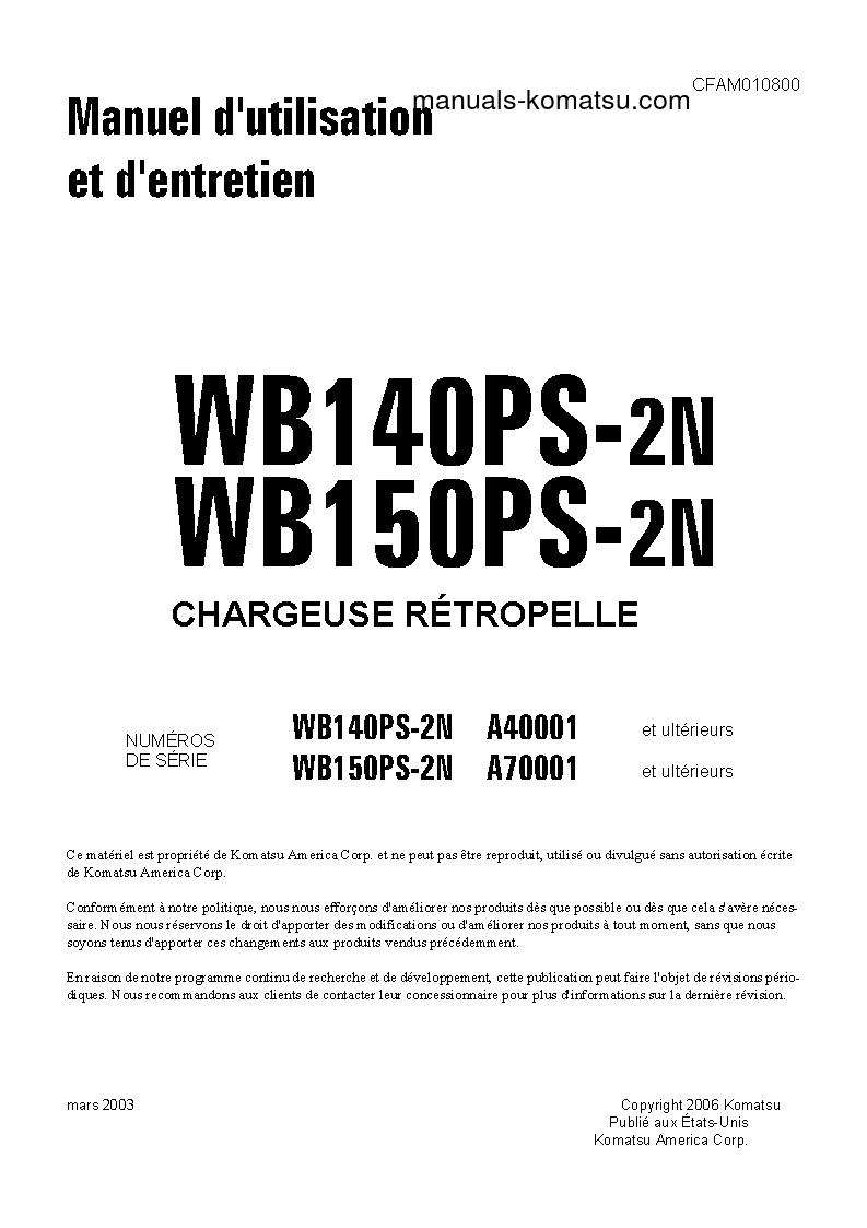 WB140PS-2(USA)-N S/N A40001-UP Operation manual (French)