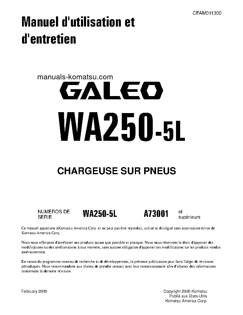 WA250-5(USA)-L S/N A73001-UP Operation manual (French)