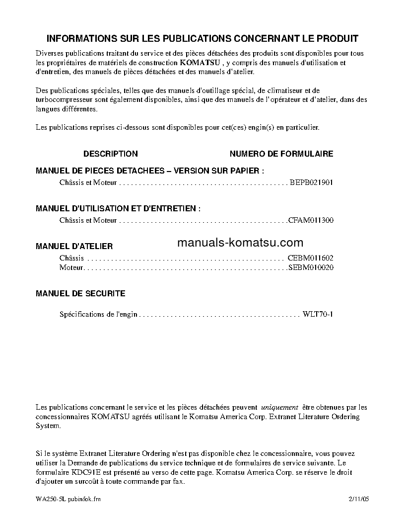 Protected: WA250-5(USA)-L S/N A73001-UP Operation manual (French)