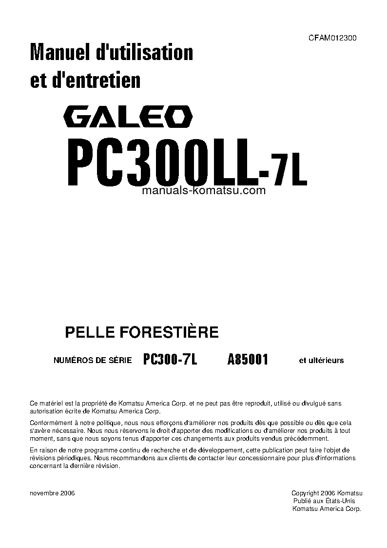 PC300LL-7(USA)-L S/N A85001-UP Operation manual (French)