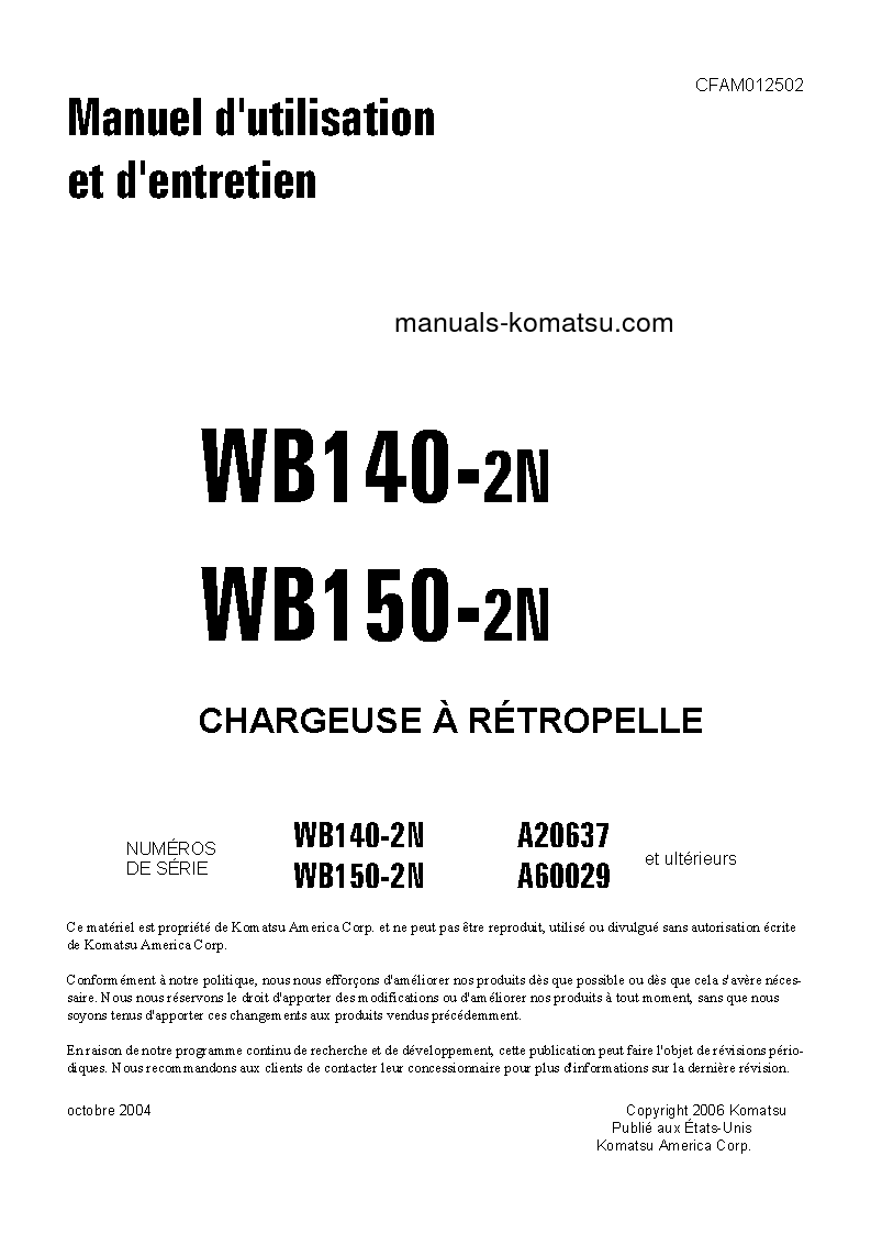 WB150-2(USA)-N S/N A60029-UP Operation manual (French)
