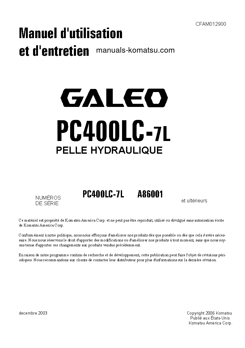 PC400LC-7(USA)-L S/N A86001-UP Operation manual (French)