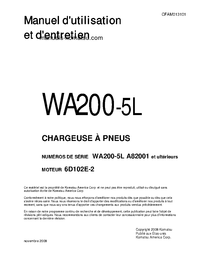 WA200-5(USA)-L S/N A82001-UP Operation manual (French)