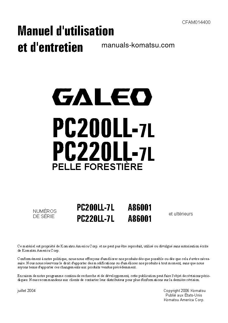 PC220LL-7(USA)-L S/N A86001-UP Operation manual (French)