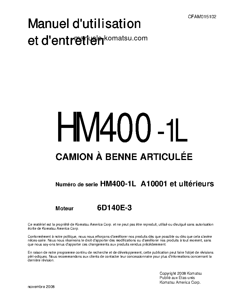 HM400-1(USA)-L S/N A10001-UP Operation manual (French)