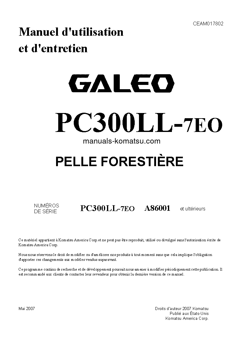 PC300LL-7(USA)-TIER 3 S/N A86001-UP Operation manual (French)