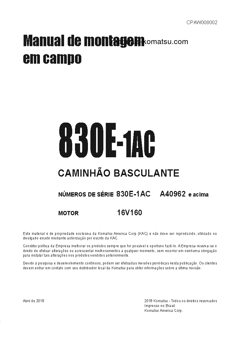 830E-1(USA)-AC S/N A40962-UP Field assembly manual (Portuguese)
