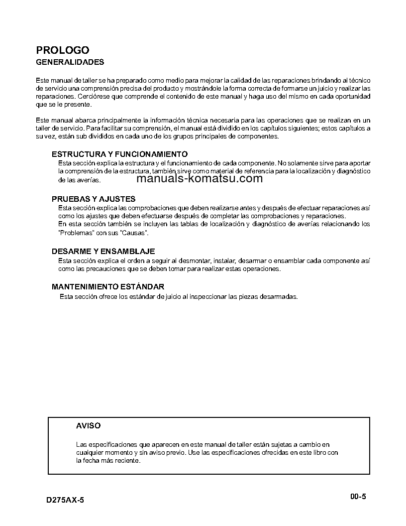 Protected: D275AX-5(JPN) S/N 20001-UP Shop (repair) manual (Spanish)