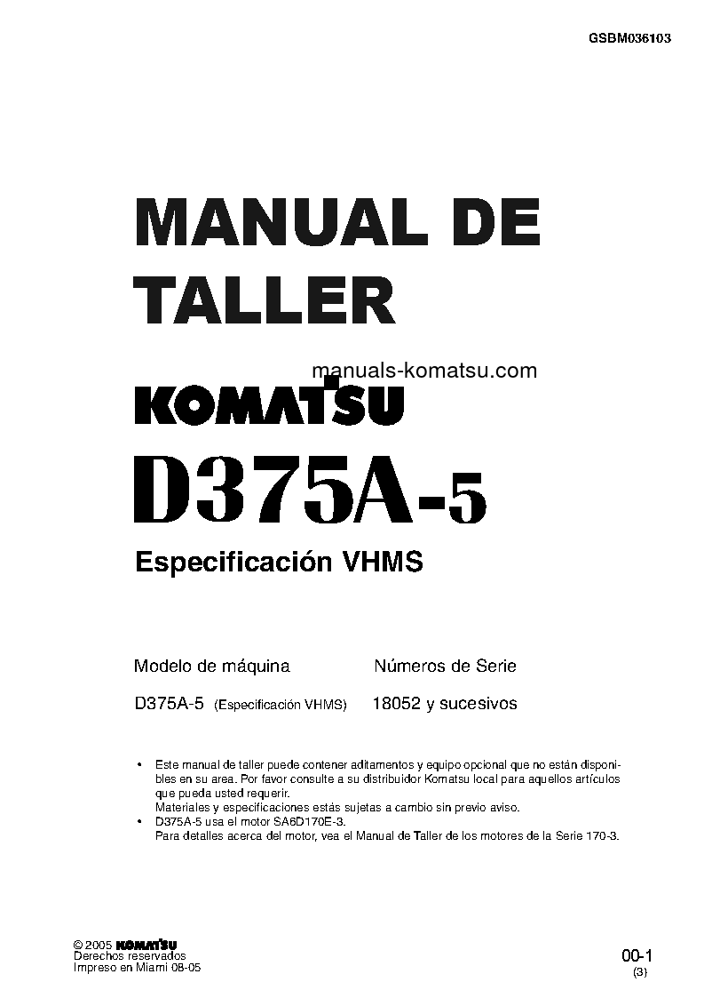 Protected: D375A-5(JPN)-VHMS S/N 18052-UP Shop (repair) manual (Spanish)
