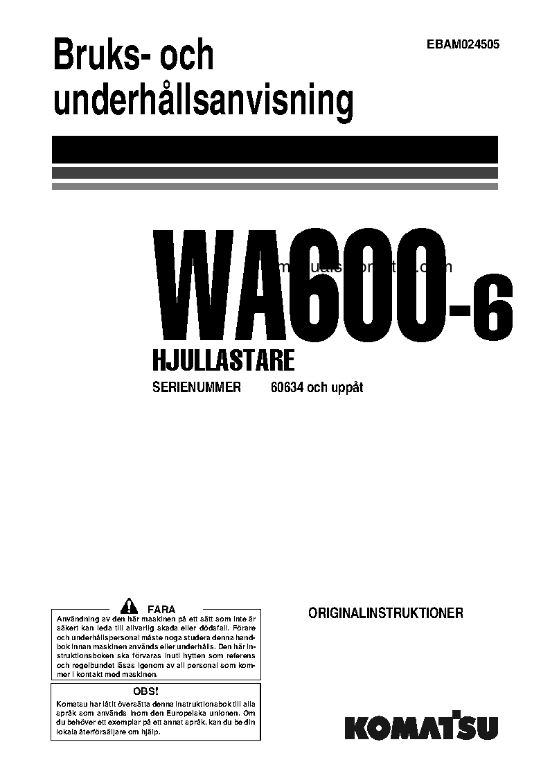 WA600-6(JPN) S/N 60634-UP Operation manual (Swedish)