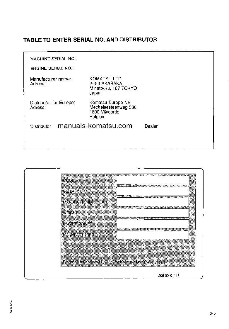 Protected: PC210-5(GBR)-K S/N K21558-UP Operation manual (English)