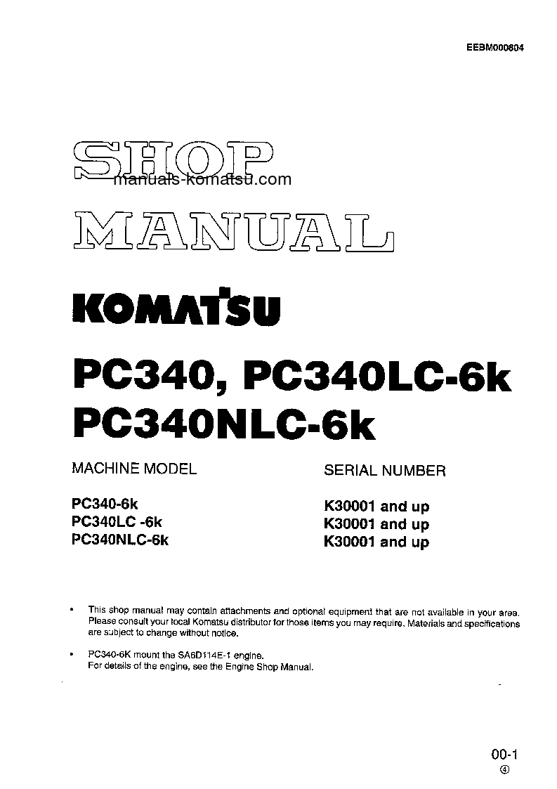PC340LC-6(GBR)-K S/N K30001-K32000 Shop (repair) manual (English)