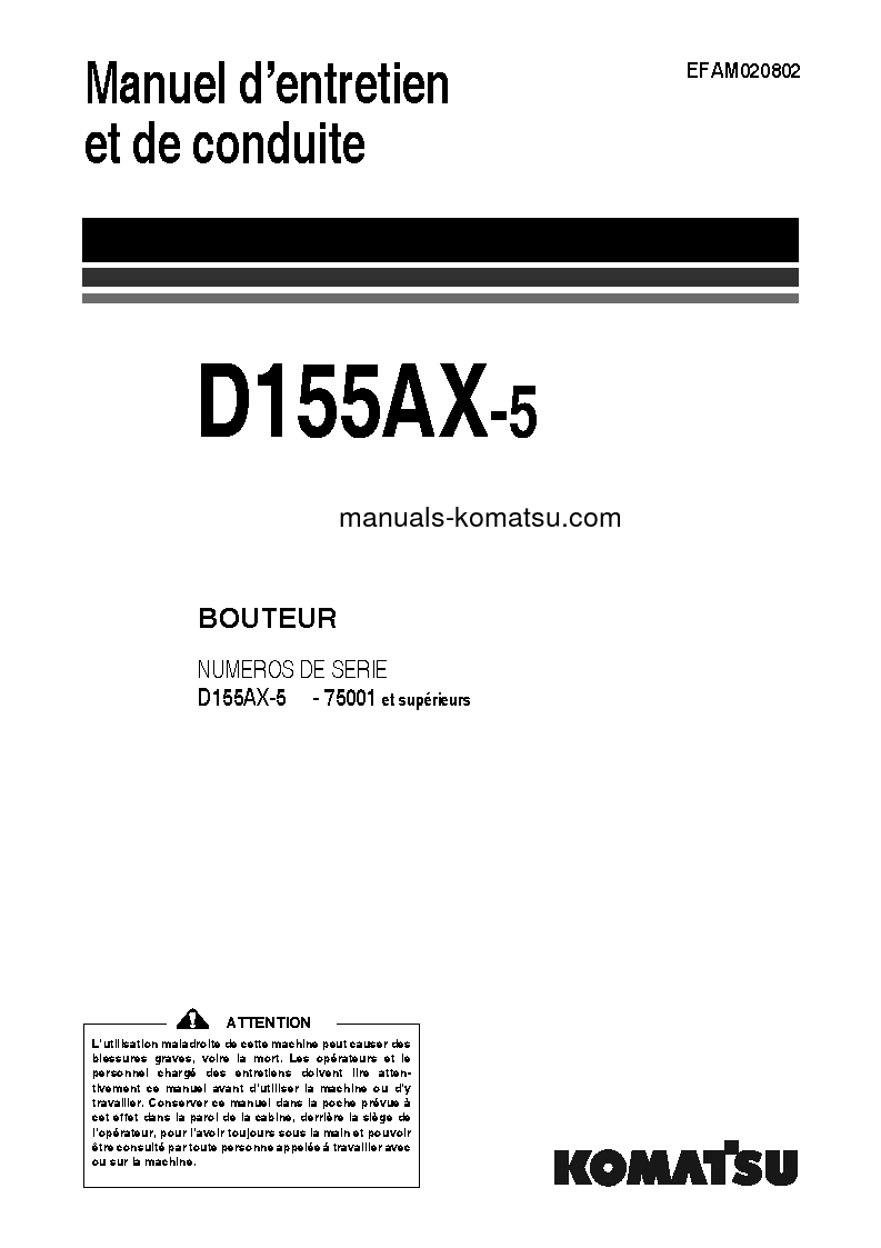D155AX-5(JPN) S/N 75001-UP Operation manual (French)