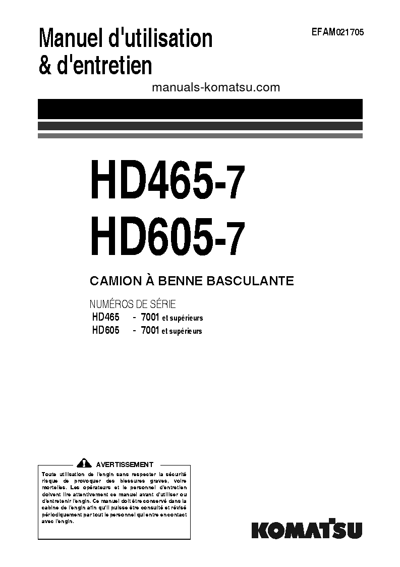 HD465-7(JPN) S/N 7001-UP Operation manual (French)