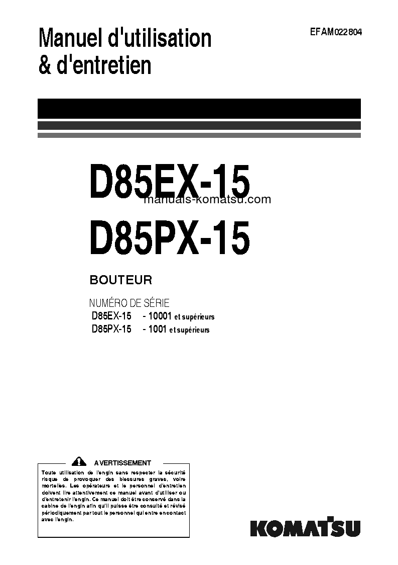 D85PX-15(JPN) S/N 1001-UP Operation manual (French)