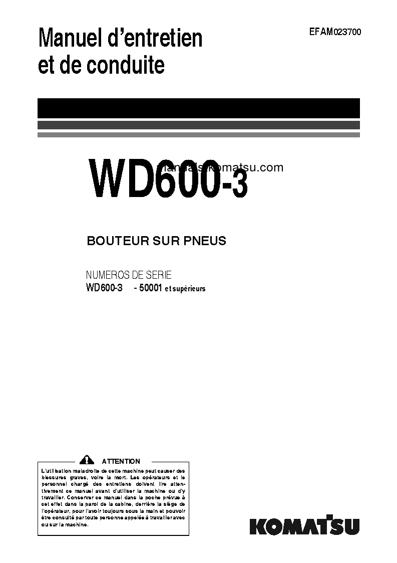 WD600-3(JPN) S/N 50001-UP Operation manual (French)