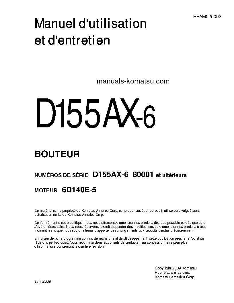 D155AX-6(JPN)-FOR EU S/N 80001-UP Operation manual (French)