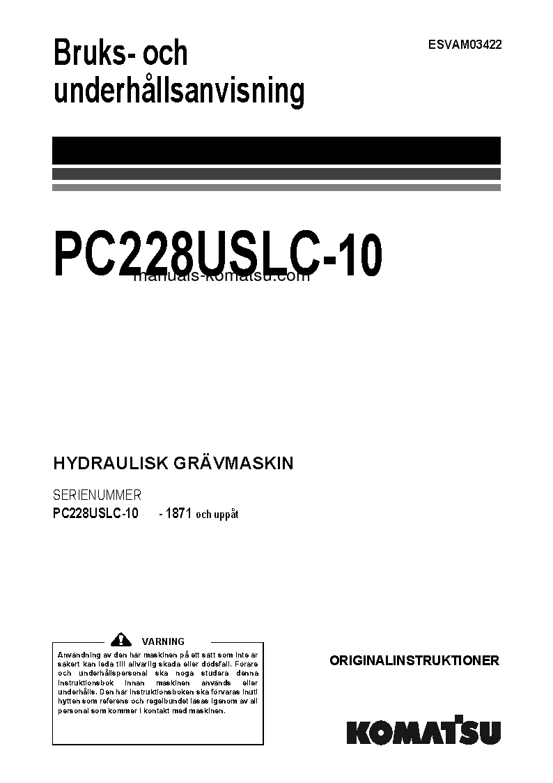 PC228USLC-10(JPN) S/N 1871-UP Operation manual (Swedish)
