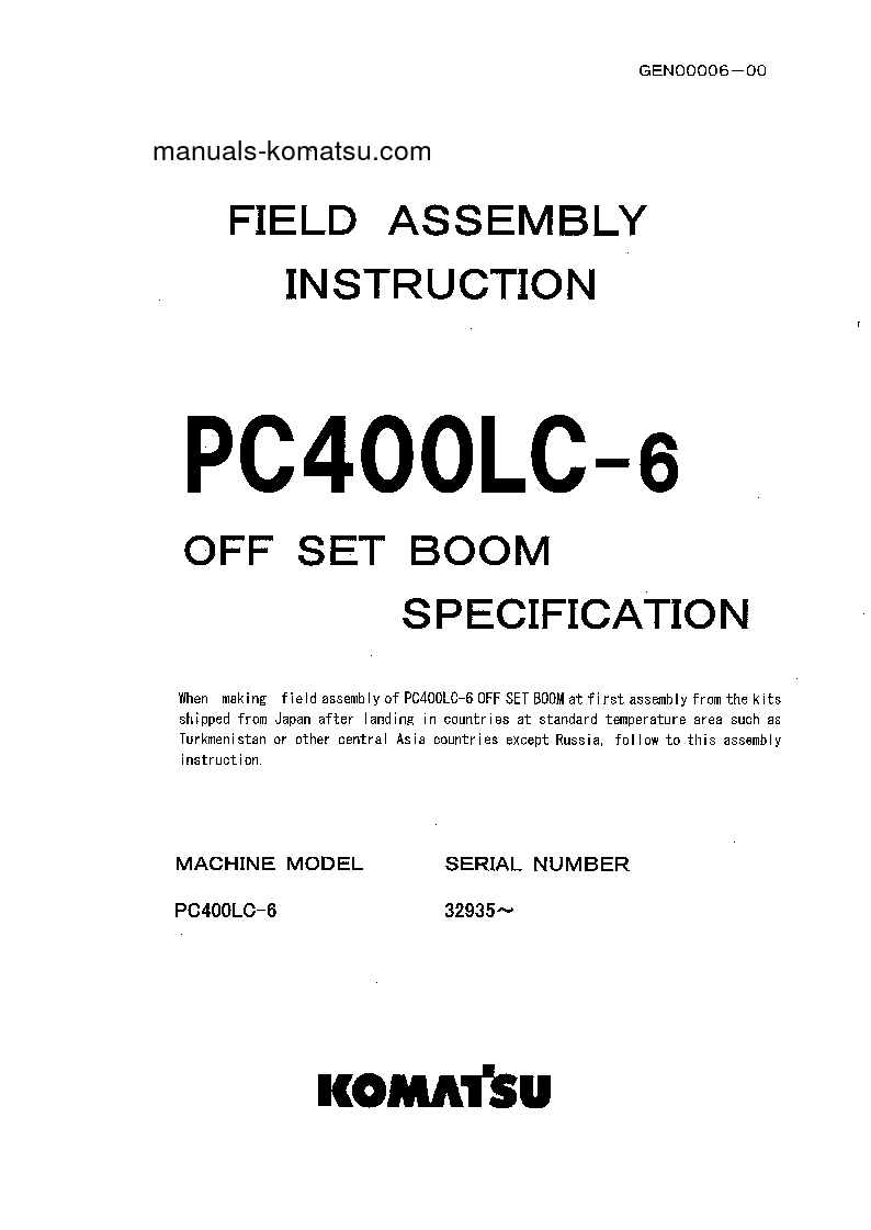 PC400LC-6(JPN)-OFFSET BOOM, EXCEL S/N 32935-UP Field assembly manual (English)