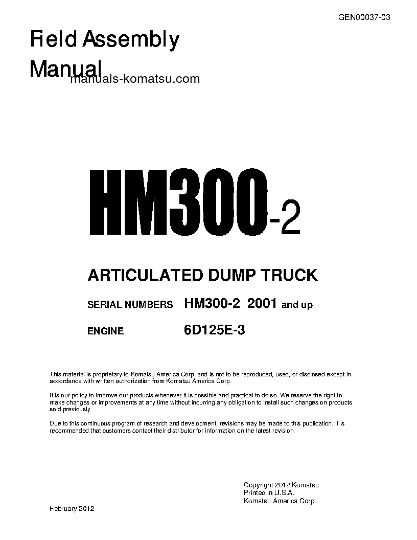 HM300-2(JPN) S/N 2001-UP Field assembly manual (English)